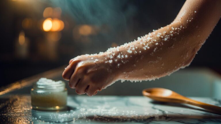 Illustration of a close-up of someone gently massaging a salt scrub made of fine sea salt and oil onto a rough elbow to slough off dead skin and reveal a smoother texture