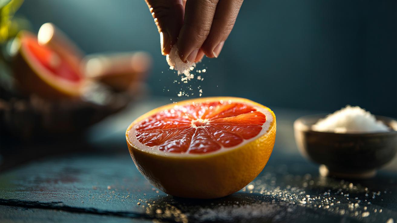 Illustration of a grapefruit half being lightly sprinkled with salt to balance bitterness and enhance perceived sweetness