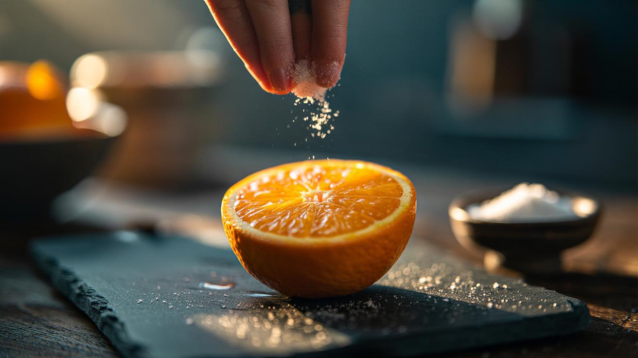 Illustration of a sliced orange being sprinkled with a pinch of salt to balance bitterness and enhance sweetness
