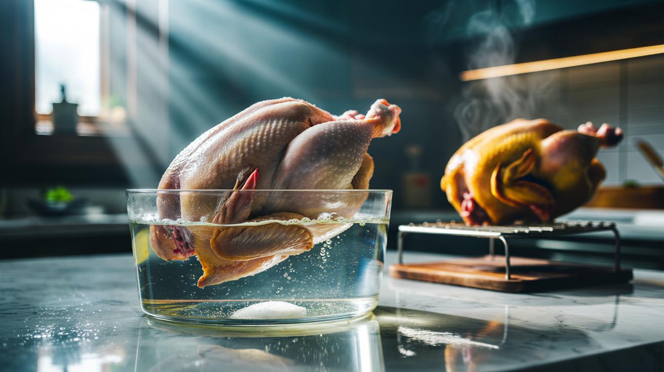 Illustration of a chicken submerged in a salt water brine that first draws moisture out to achieve perfectly crisp skin