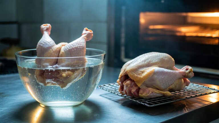 Illustration of skin-on chicken pieces soaking in a salt water brine to draw moisture out before high-heat roasting for ultra-crisp skin