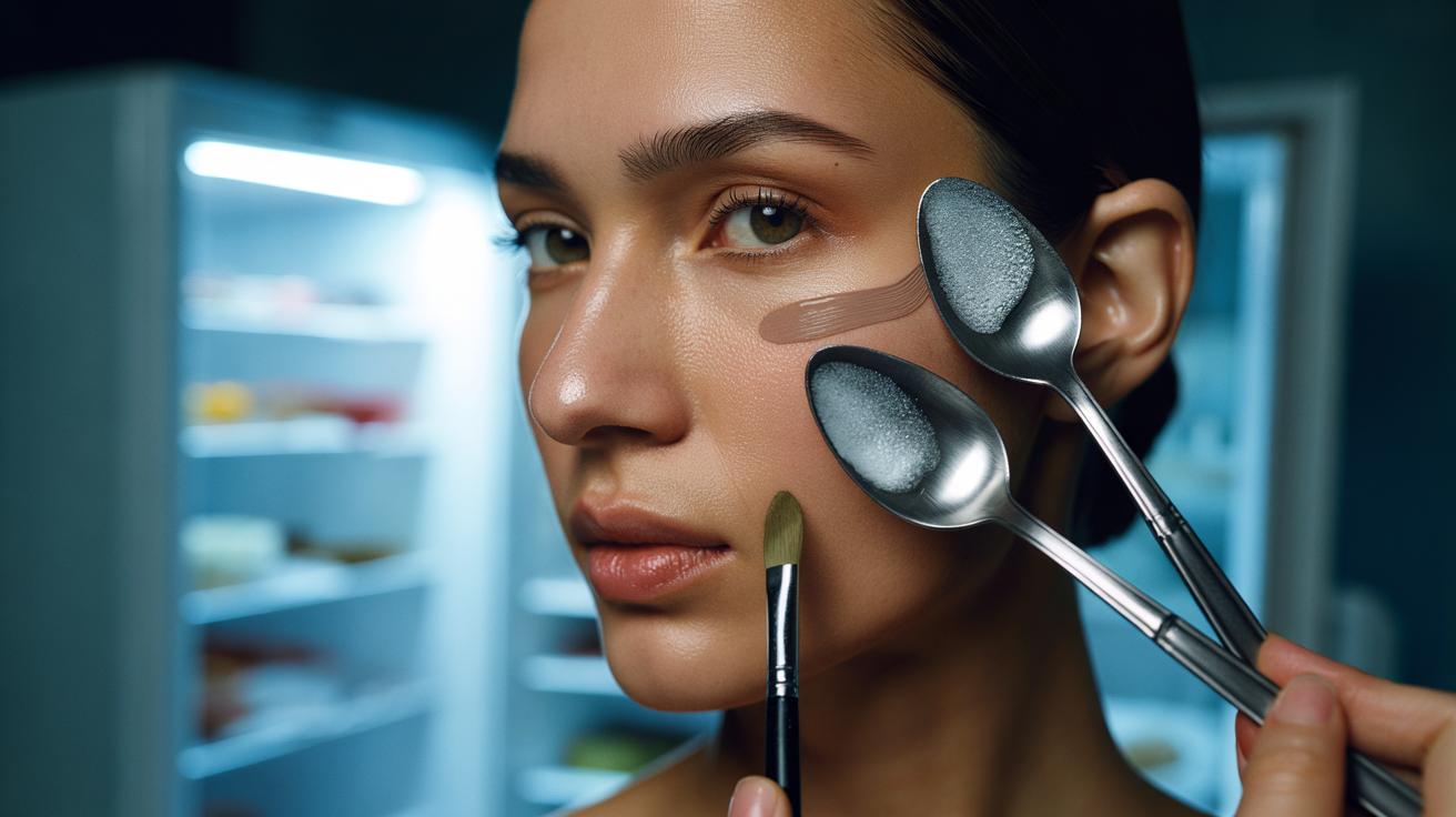 Illustration of a person using chilled metal teaspoons from the freezer to contour and de-puff the cheekbones