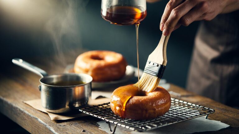 Illustration of stale doughnuts being brushed with hot sugar syrup to restore softness
