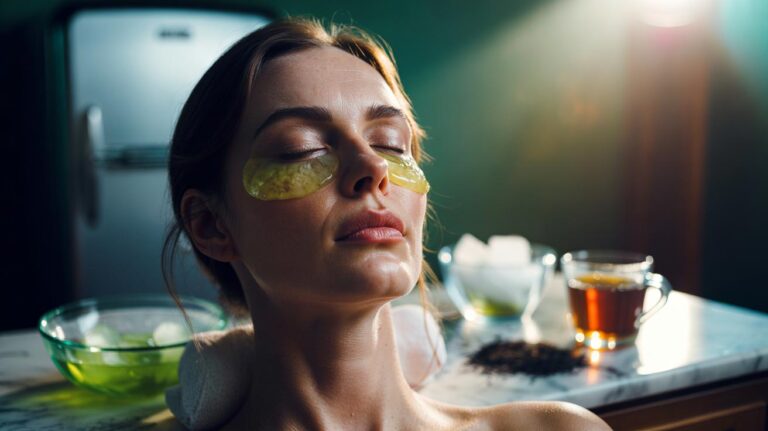 Illustration of chilled green or black tea bags applied over closed eyes to reduce puffiness through antioxidants, caffeine, and tannins
