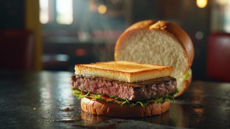 Illustration of a burger with a slice of toast placed under the patty to absorb juices and prevent a soggy bun