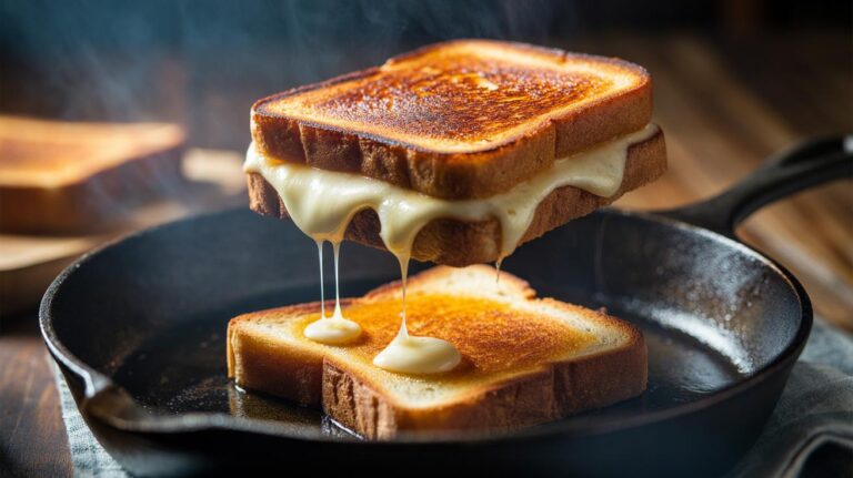 Illustration of a grilled cheese sandwich resting on an underlying slice of toast that absorbs excess fat to keep the base crisp