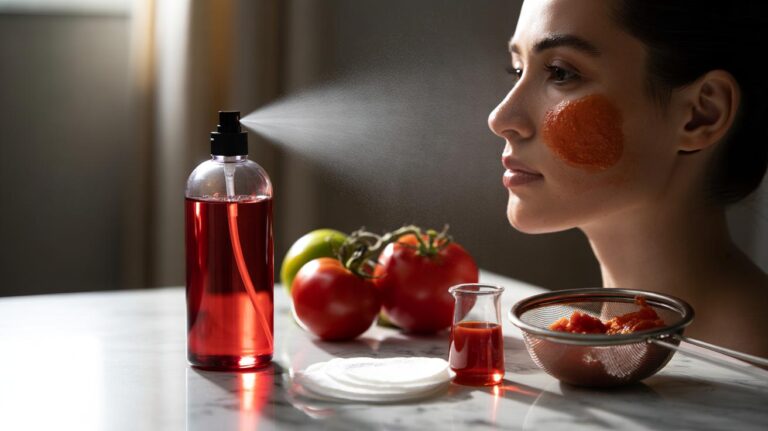 Illustration of a glass spray bottle of tomato juice toner beside fresh tomatoes and cotton pads on a bathroom counter