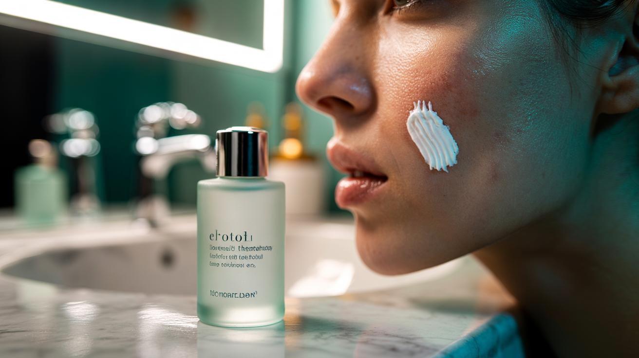 Illustration of a close-up showing a small dab of white toothpaste applied to a facial pimple, beside an $80 spot treatment product