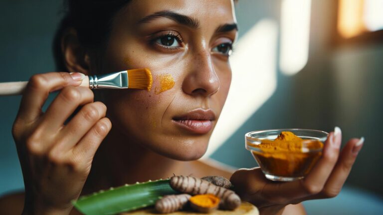 Illustration of turmeric paste being applied to facial dark spots, highlighting curcumin inhibiting melanin for an even skin tone