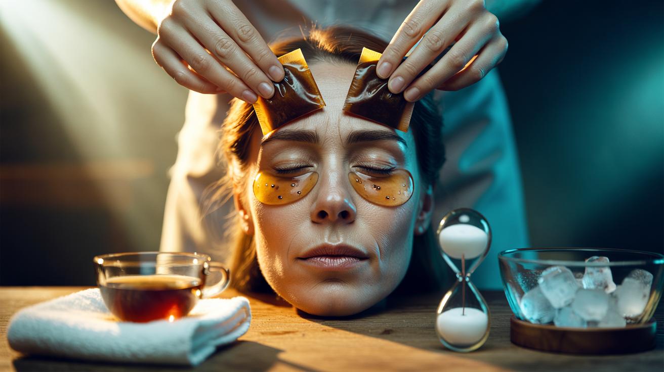 Illustration of used black tea bags placed over closed eyes to reduce hangover under-eye puffiness in five minutes