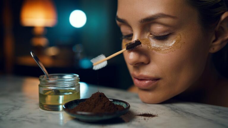 Illustration of [a clean spoolie applying a used coffee and coconut oil lash mask to eyelashes at night, with spent coffee grounds and a jar of coconut oil in view]