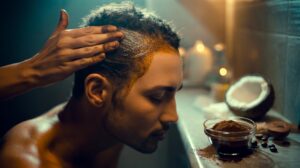 Illustration of used coffee grounds mixed with coconut oil being massaged along the hairline to stimulate dormant follicles