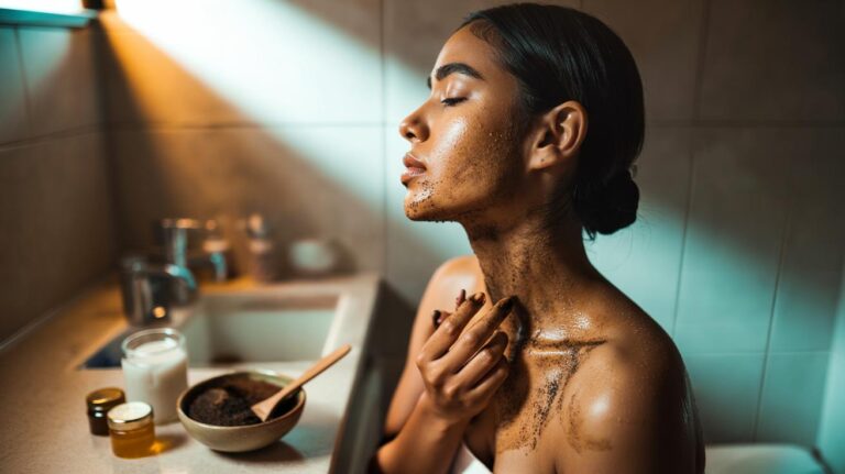 Illustration of used coffee grounds applied to the neck as a DIY exfoliant for dark folds, highlighting caffeine’s debated effect on pigmentation