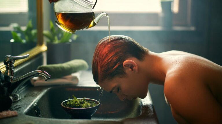 Illustration of a person applying a used green tea rinse to a red, irritated scalp to reduce inflammation with polyphenols