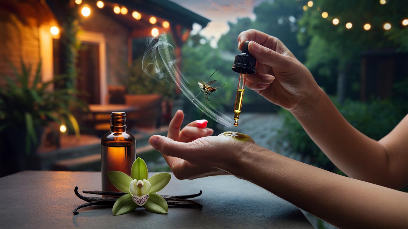 Illustration of a person dabbing vanilla extract on their wrist to mask human odours and repel mosquitoes