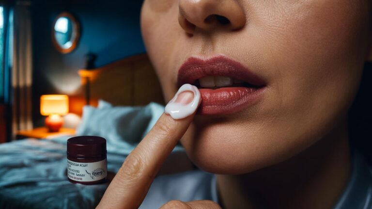 Illustration of applying Vaseline over matte lipstick before bed to seal pigment and create a 24-hour lip stain