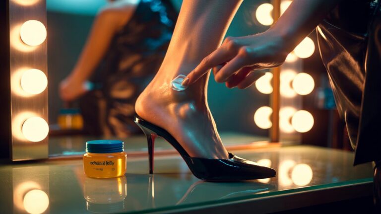 Illustration of [applying petroleum jelly (Vaseline) to ankles before wearing high heels to reduce friction and prevent blisters]
