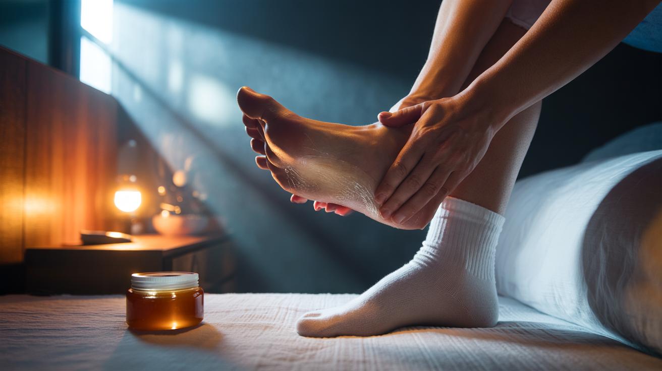 Illustration of applying petroleum jelly to cracked heels and covering feet with cotton socks overnight to trap moisture while you sleep
