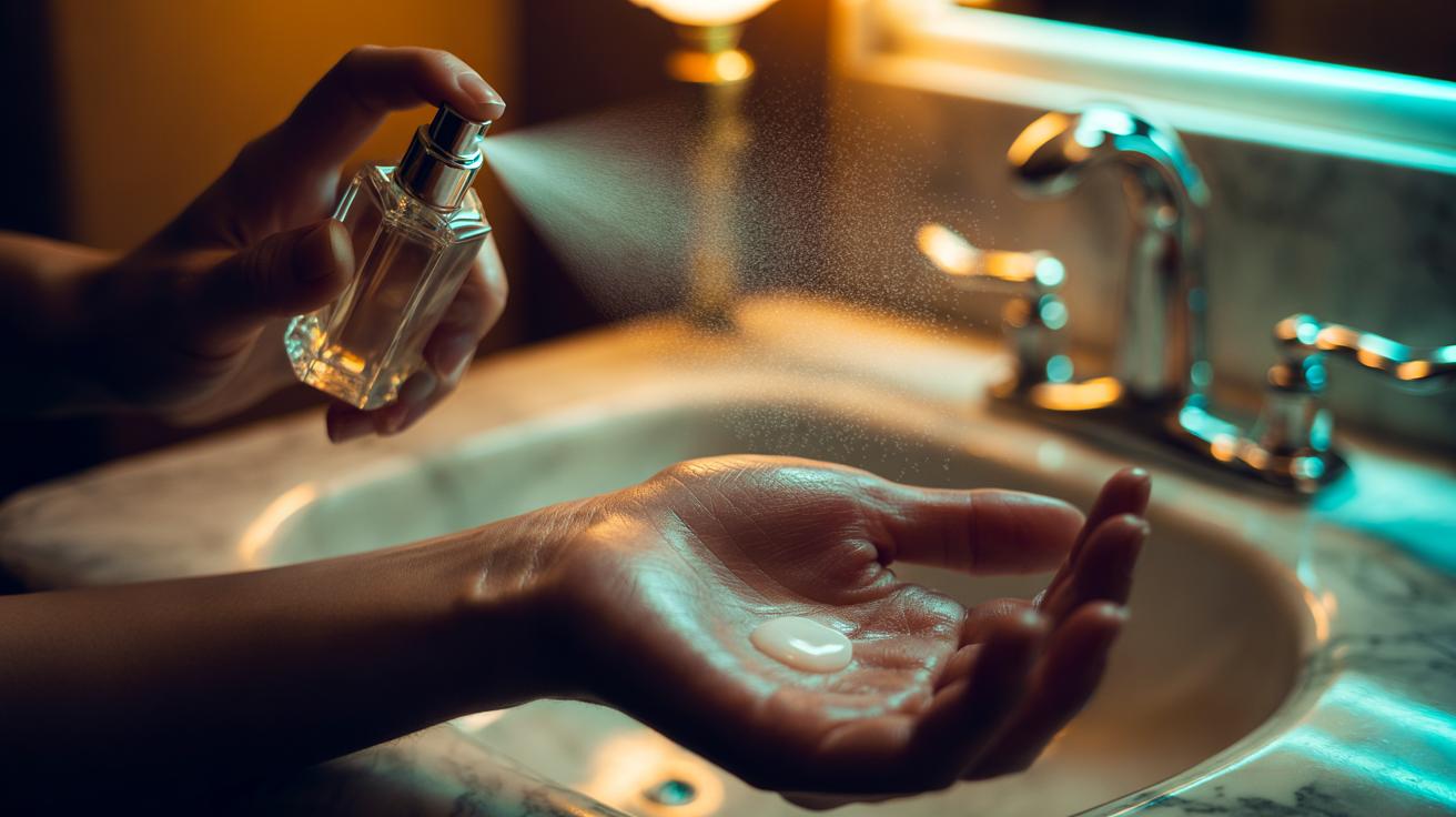 Illustration of applying a small dab of unscented Vaseline to a wrist pulse point before spraying perfume to trap scent molecules and prolong wear
