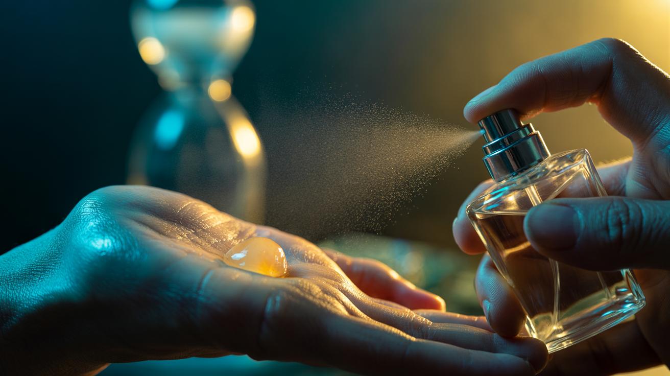 Illustration of applying a thin layer of Vaseline on pulse points before spraying perfume to extend scent longevity to 12+ hours