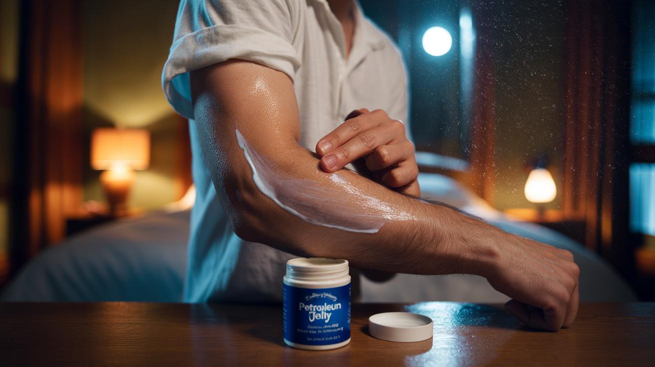 Illustration of applying Vaseline to rough elbows and covering with a cotton sleeve for overnight occlusion