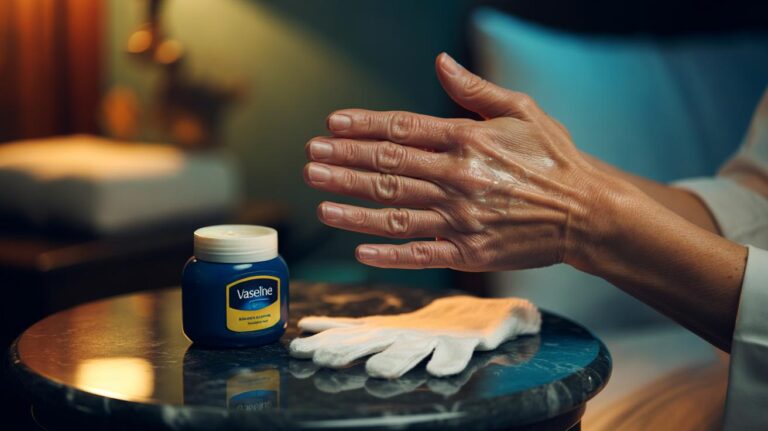 Illustration of a person applying a thin layer of Vaseline (petrolatum) to the backs of their hands for slugging, with cotton gloves nearby