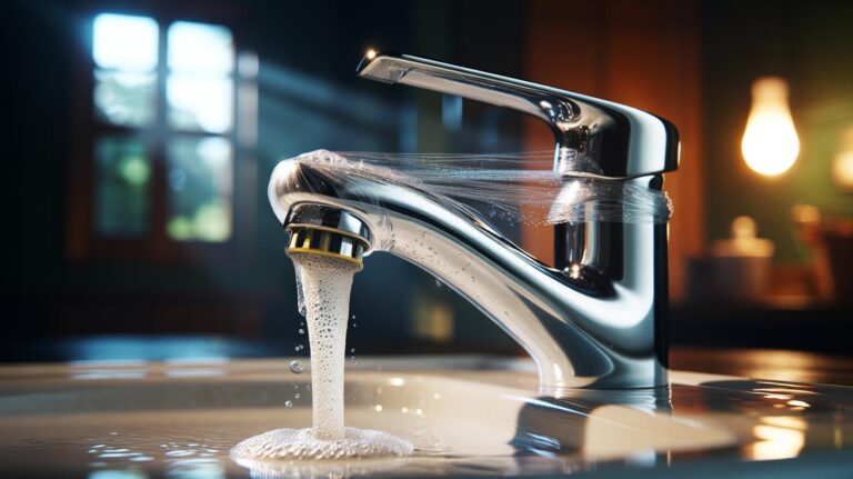 Illustration of a chrome tap wrapped in cling film holding white vinegar to dissolve limescale overnight