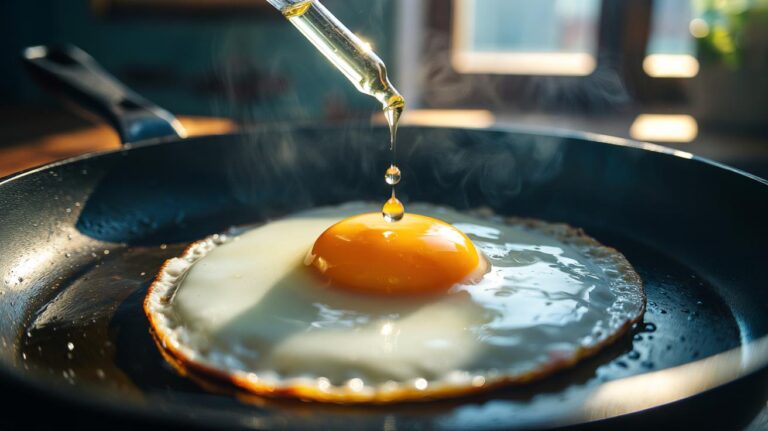 Illustration of a drop of vinegar being applied to the edge of an egg frying in a pan to set the whites neatly