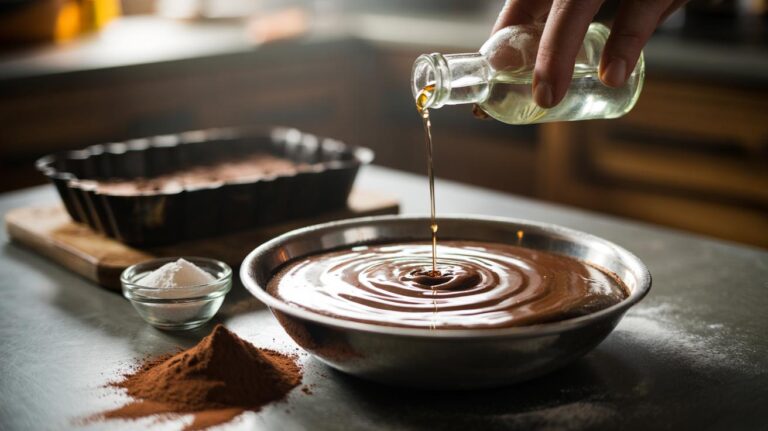 Illustration of a teaspoon of vinegar being poured into brownie batter beside cocoa powder, highlighting acid’s role in deepening chocolate flavour