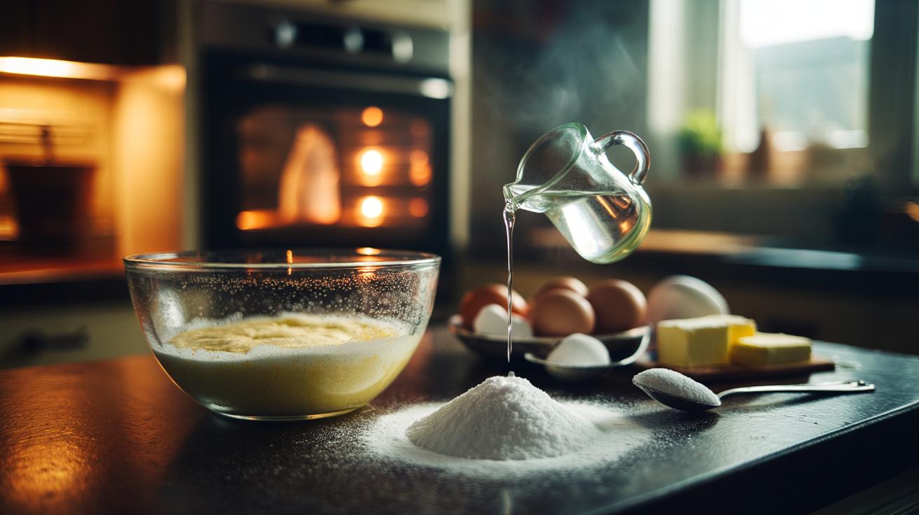Illustration of vinegar reacting with bicarbonate of soda in cake batter to release carbon dioxide and lift the sponge