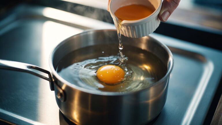 Illustration of vinegar being added to gently simmering poaching water to help egg white proteins set quickly