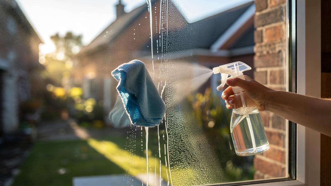 Illustration of a hand using a spray bottle of white vinegar to clean a grimy window with a microfibre cloth for a streak-free shine