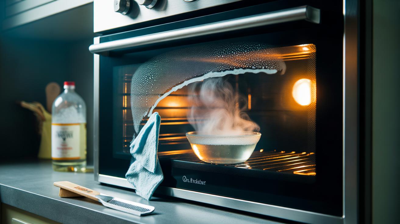 Illustration of vinegar steam loosening burnt-on residue on oven glass