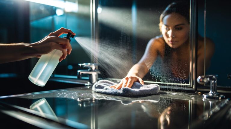 Illustration of a person using a vodka-based spray and a clean microfibre cloth to wipe a bathroom mirror to a streak-free, crystal-clear finish