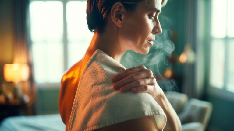 Illustration of a warm towel wrap easing muscle tension by increasing blood flow for faster relief