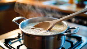 Illustration of a wooden spoon laid across the rim of a simmering pot of rice to stop starchy foam from boiling over