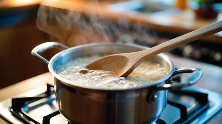 Illustration of a wooden spoon laid across the rim of a simmering pot of rice to stop starchy foam from boiling over