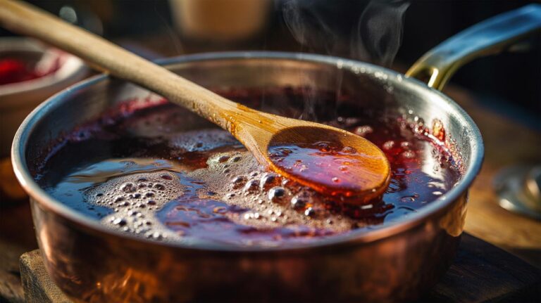 Illustration of a wooden spoon laid across the rim of a bubbling jam pot to prevent the jam from boiling over