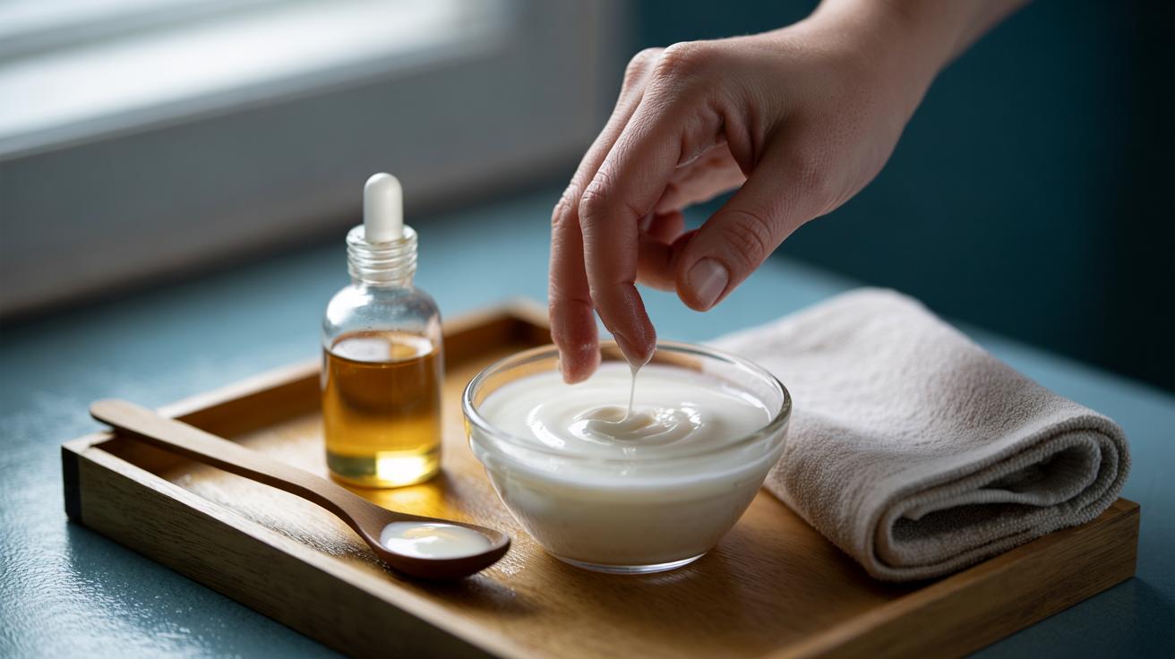 Illustration of hands soaking fingertips in a natural yoghurt rinse to nourish cuticles with probiotics for stronger nail growth