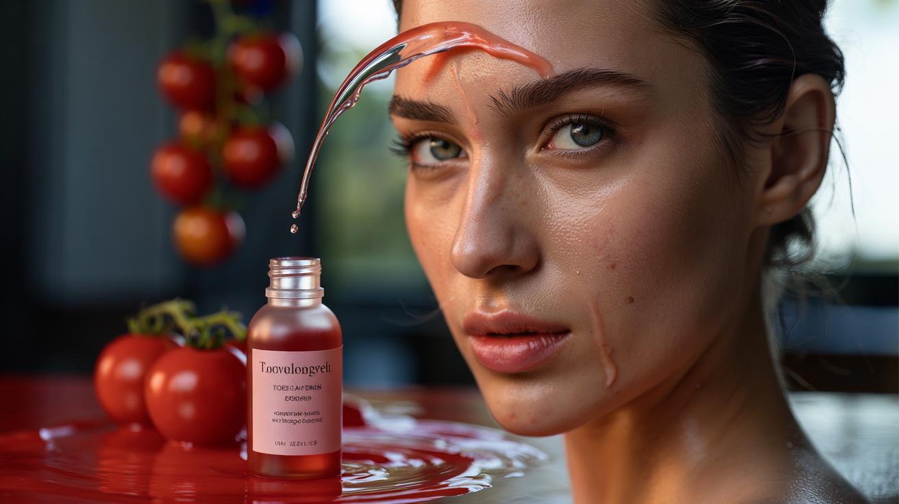Illustration of a water-light tomato lycopene splash applied to the T-zone to mattify oily skin and control shine for up to 8 hours