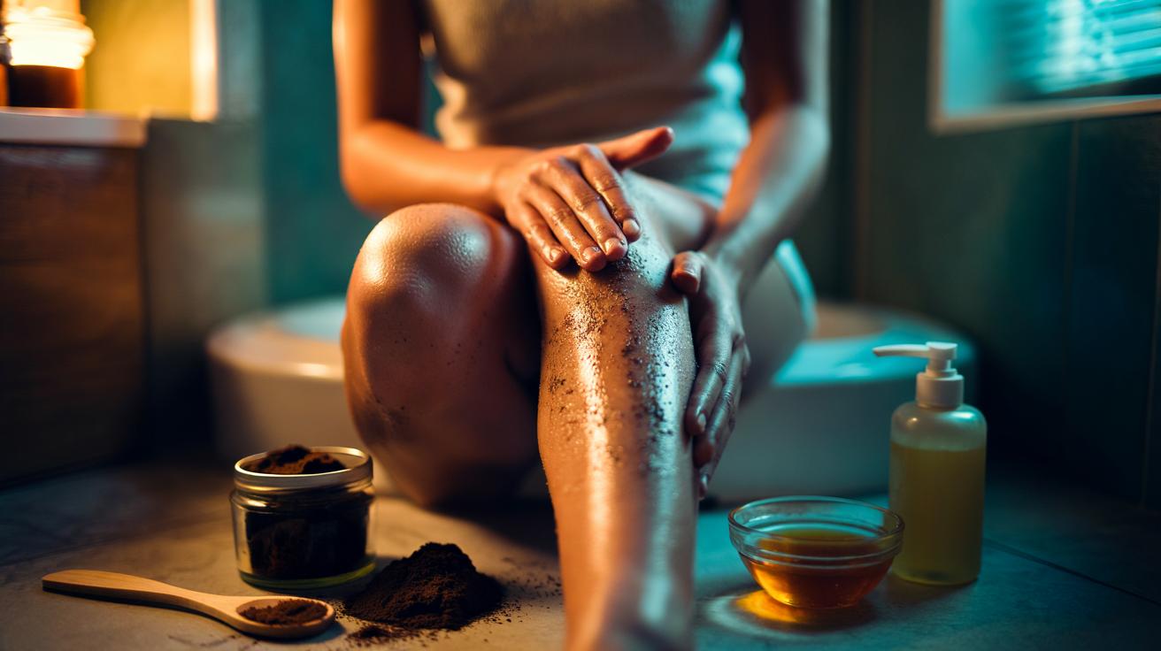 Illustration of used coffee grounds being applied to dark knees as an exfoliating scrub for overnight brightening