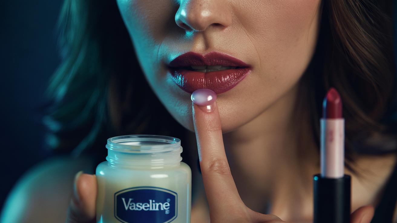 Illustration of applying Vaseline over a long-wear, 48-hour lip stain on the lips