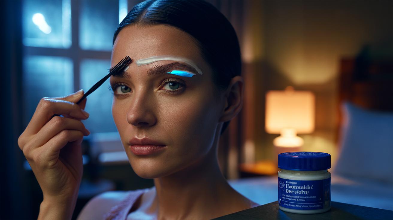 Illustration of applying Vaseline to eyebrows at night with a spoolie brush to condition and train hair direction
