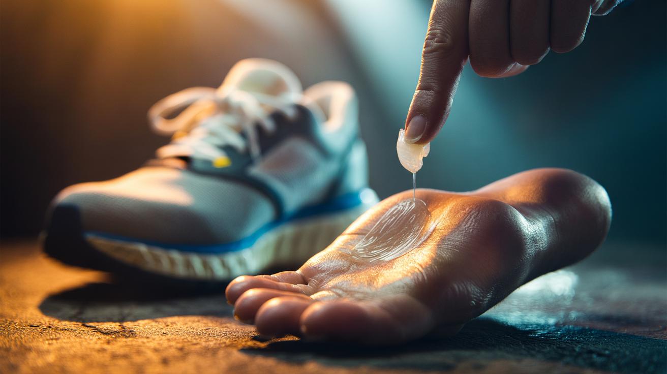Illustration of applying Vaseline to the heel to prevent day-one blisters by reducing friction