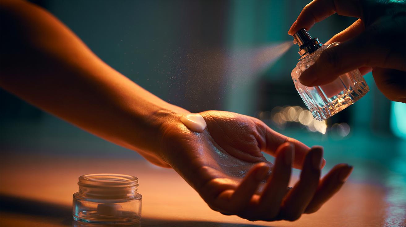 Illustration of applying Vaseline to wrist and neck pulse points before spraying perfume to help the scent last 24 hours
