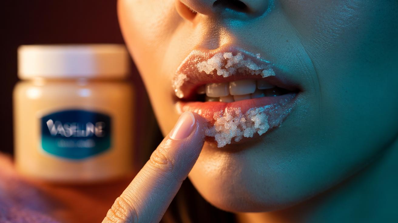 Illustration of a Vaseline and sugar lip scrub exfoliating and sealing flaky lips