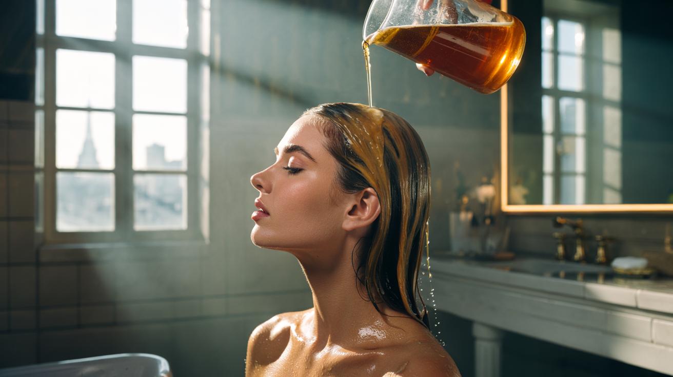 Illustration of a French woman applying a beer rinse to her hair for instant protein-based repair and shine