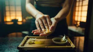 Illustration of a woman performing a Japanese beauty ritual by massaging her fingernails with a garlic clove for stronger growth