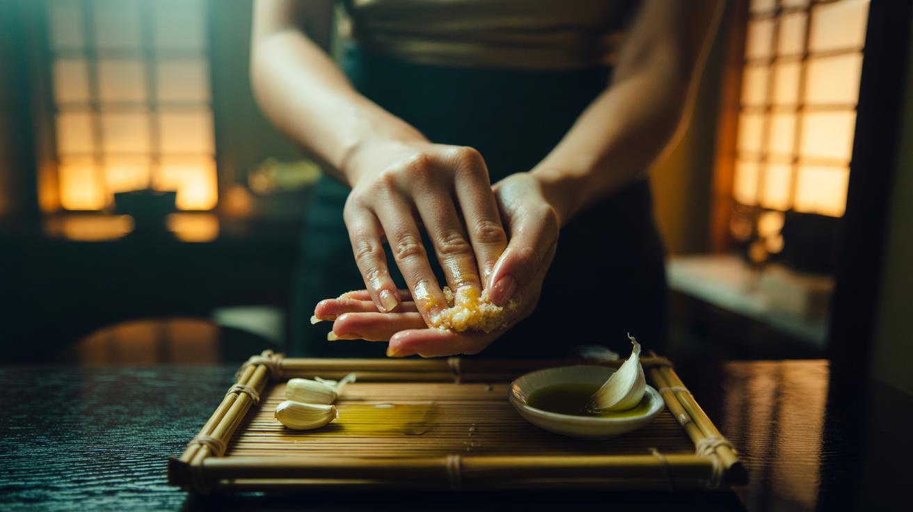 Illustration of a woman performing a Japanese beauty ritual by massaging her fingernails with a garlic clove for stronger growth