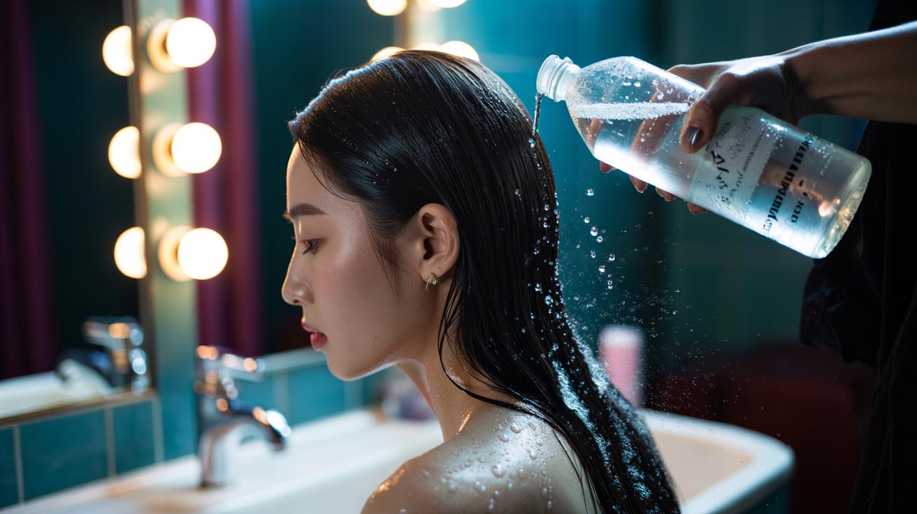 Illustration of a K-pop stylist rinsing an idol’s hair with carbonated water for instant shine and bounce